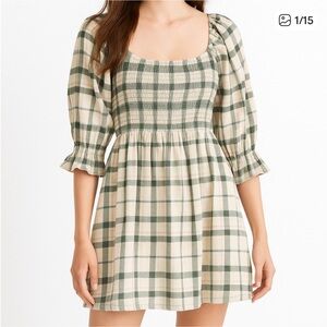 Madewell Plaid Smocked Dress in Pink and Gray